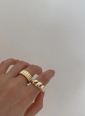 饰尚e族法式牛角包戒指女复古时尚几何竖纹开口指环嘻哈个