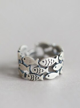 饰尚e族韩国戒指女复古泰银做旧指环气质三层小鱼开口环可