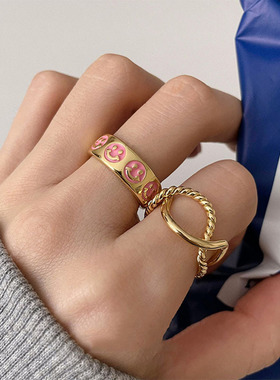 饰尚e族粉色笑脸戒指女线条简约交叉波浪开口指环甜酷时尚