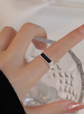 饰尚e族简约黑色方块戒指女冷淡风创意滴釉开口指环ins风网红嘻哈