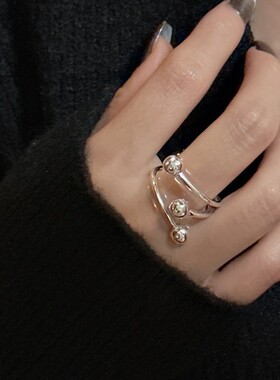 饰尚e族韩版圆珠戒指女几何简约线条交叉S925镀银开口指环个性网