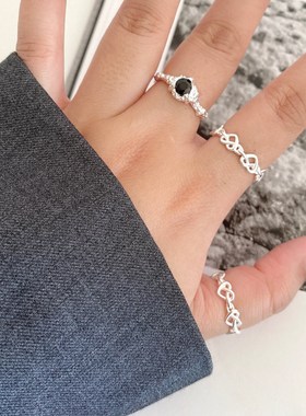 饰尚e族编织爱心戒指女熔岩不规则黑色锆石开口指环叠戴嘻