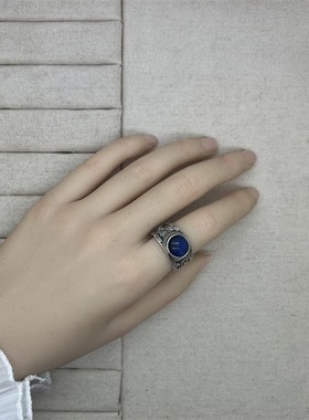 饰尚e族蓝色圆形锆石戒指女宽边浮雕精致花纹开口指环ins食