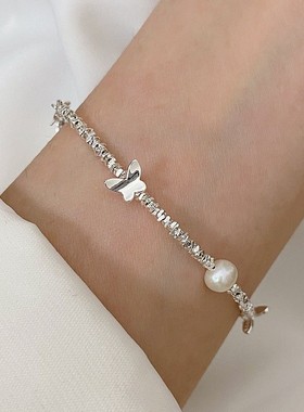 饰尚e族切割方块手链女时尚气质绿色仿珍珠S925镀银手环小众个性