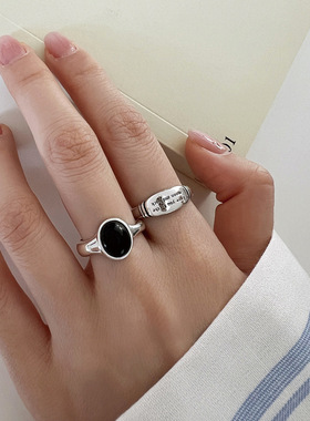 饰尚e族黑色椭圆锆石戒指女简约时尚冷淡风气质优雅开口指