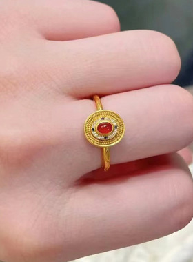 饰尚e族复古小宫雀戒指女开口精致镶嵌红色锆石气质百搭指环网红