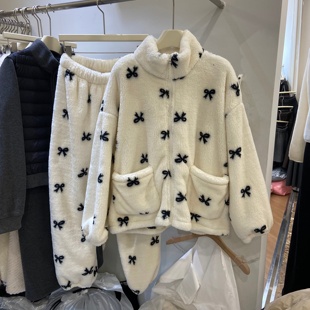 韩版外穿立领拉链蝴蝶结北极绒羽绒服家居服睡衣女冬2025宽松保暖