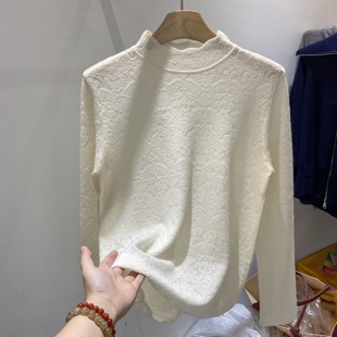 米白色半高领蕾丝钩花长袖细羊毛针织衫打底衫女温柔韩版显瘦上衣