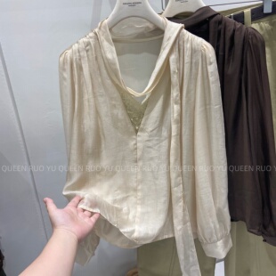 欧货v领蕾丝拼人丝高级感纯色衬衫女欧洲站轻奢宽松显瘦韩版温柔