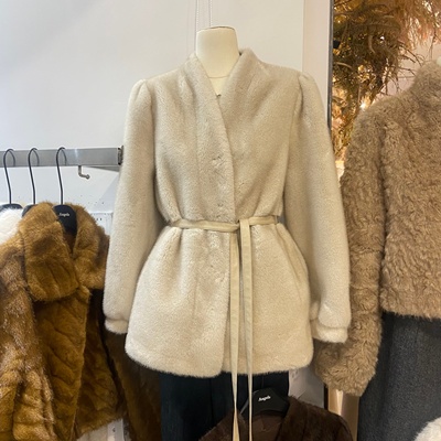 v领仿貂绒皮毛一体中长款保暖女
