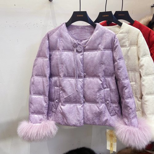 新中式卷边流苏提花白鸭绒羽绒服