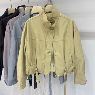 洋气立领纽扣拉链机车蛋白皮衣短外套女2026春棒球夹克衫温柔上衣