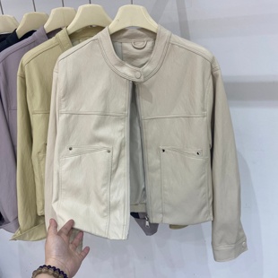 洋气韩版 纽扣口袋拉链蛋白皮皮衣短外套女2026春显瘦高级感宽松潮