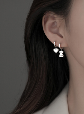925纯银小熊爱心耳圈小众设计感耳扣不对称耳环夏耳饰女