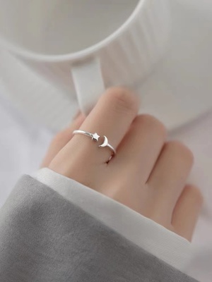 925纯银星星月亮戒指女夏小众设计指环简约开口食指戒