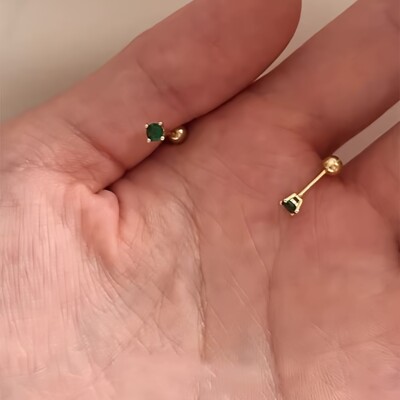 925银mini祖母绿锆石耳钉睡觉免摘养耳洞螺丝拧扣耳骨钉耳饰品