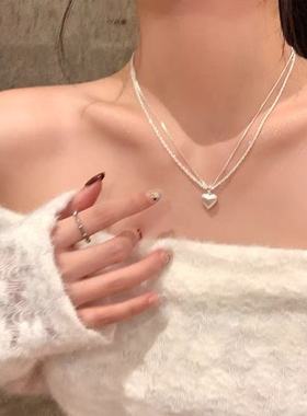 s925银双层拉丝爱心吊坠项链女高级感轻奢颈链百搭锁骨链毛衣链