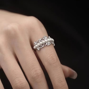 925纯银蕾丝皇冠戒指女贝珠指环食指配饰尾戒关节创意小众