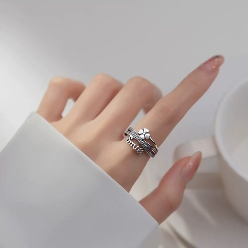 S925纯银戒指女四瓣花英文交叉复古做旧简约时尚气质个性食指环夏