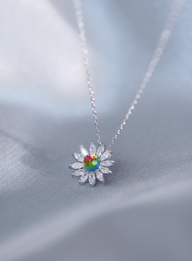 渐变彩虹水晶太阳花雏菊纯银项链