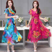 夏装新款印花真丝连衣裙大码短袖V领波西米亚长裙海边度假沙滩裙