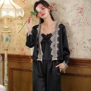 春夏长袖睡衣套装仿真丝宫廷复古风宽松冰丝外穿胸垫家居服三件套