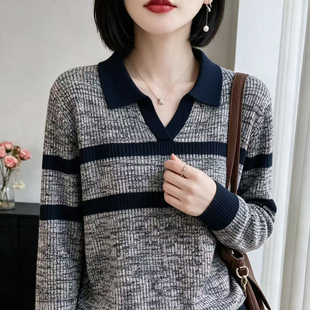 简涵轻奢高级感POLO领针织毛衣女2026新款减龄显瘦薄款条纹上衣
