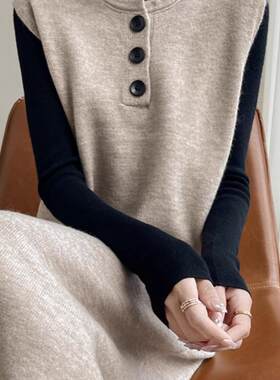 韩版纯色针织无袖背心马甲女24春秋季新款宽松显瘦气质百搭长裙