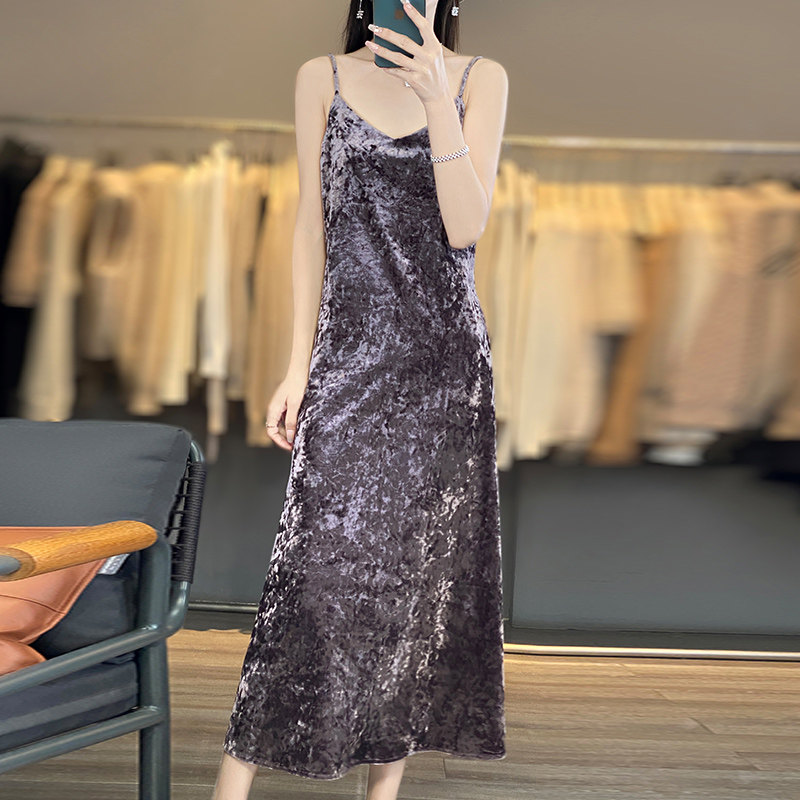 新中式国风钻石花丝绒吊带连衣裙女高级气质收腰内搭光泽A字长裙,女装/女士精品,连衣裙,淘宝优惠券,粉丝福利购,淘宝优惠卷