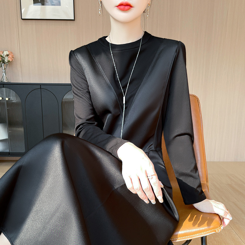 醋酸缎面连衣裙女长袖轻奢高级感气质黑色2025年春夏修身显瘦长裙