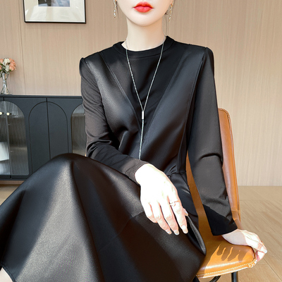 醋酸缎面连衣裙女长袖轻奢高级感气质黑色2025年春夏修身显瘦长裙