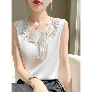 蕾丝拼接真丝吊带背心女圆领套头宽松国风无袖 T恤打底内搭上衣