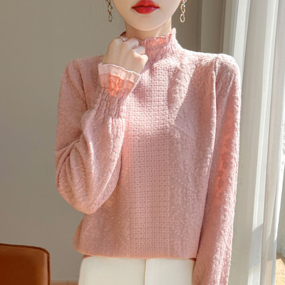 小香风木耳边半高领针织衫女秋冬内搭打底衫洋气可外穿荷叶领上衣