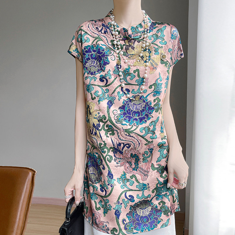 夏季新款中式国风印花盘扣中长款下摆开叉短袖上衣时尚百搭上衣,女装/女士精品,T恤,淘宝优惠券,粉丝福利购,淘宝优惠卷