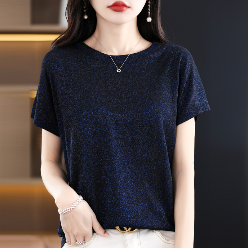 亮丝短袖女圆领针织打底衫25年夏新款半袖宽松气质薄上衣冰丝T恤
