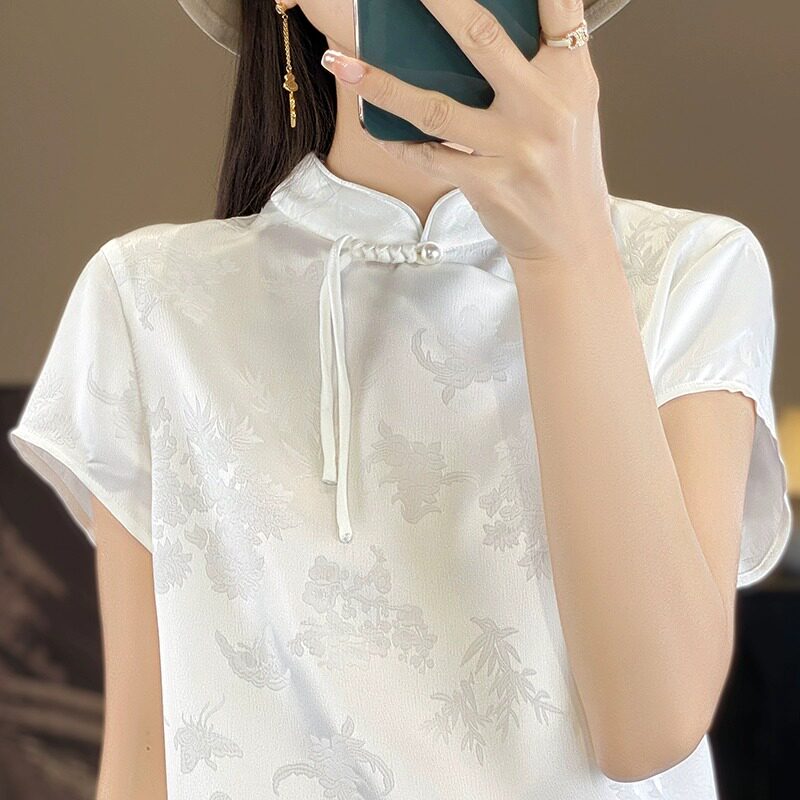 스탠드 업 칼라 디자인 틈새 뽕나무 실크 여름 짧은 탑이있는 여성용 하이 엔드 새틴 실크 반팔 치파오 셔츠
