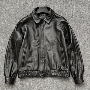 宽松港风真皮皮衣男头层小牛皮翻领皮夹克机车纯皮外套80年代复古