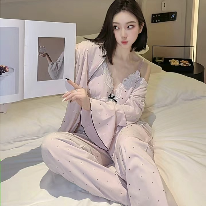 带胸垫睡衣女甜美波点三件套