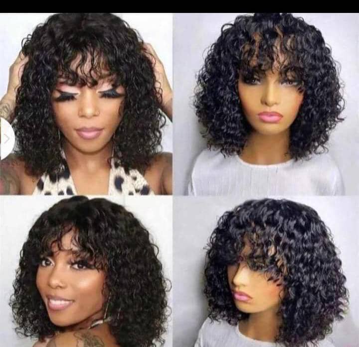 12a Short Curly Raw Brazilian Hair None Lace Wigs With Bangs