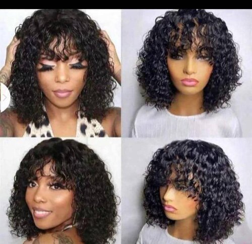 12a Short Curly Raw Brazilian Hair None Lace Wigs With Bangs