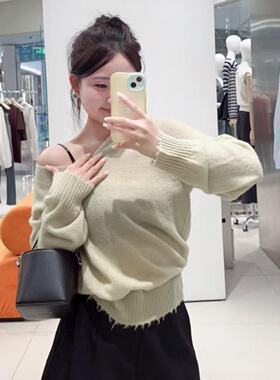 正品MO家秦岚同款针织衫2025秋新品V领船领宽松毛边袖MBE3SWTT09