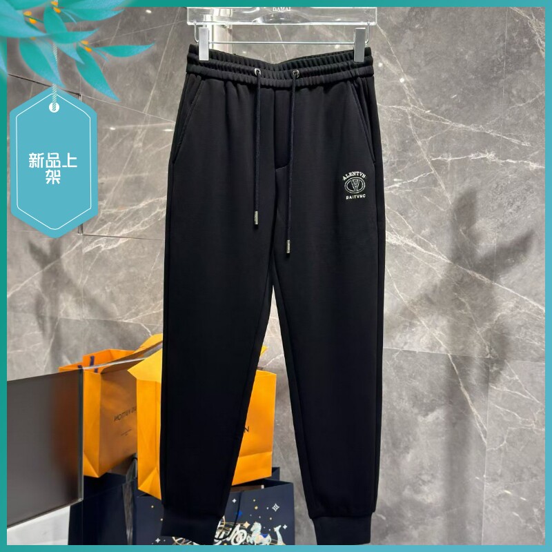 T25冬季男士温州欧版修身小束脚保暖加厚加绒刺绣黑色运动休闲裤