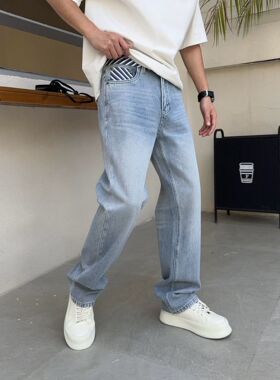 T26春夏新款男士温州欧版宽松直筒潮刺绣简约弹力浅蓝色长牛仔裤