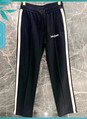 TT23夏季新款男士温州欧版修身直筒潮流条纹印花黑色长运动休闲裤