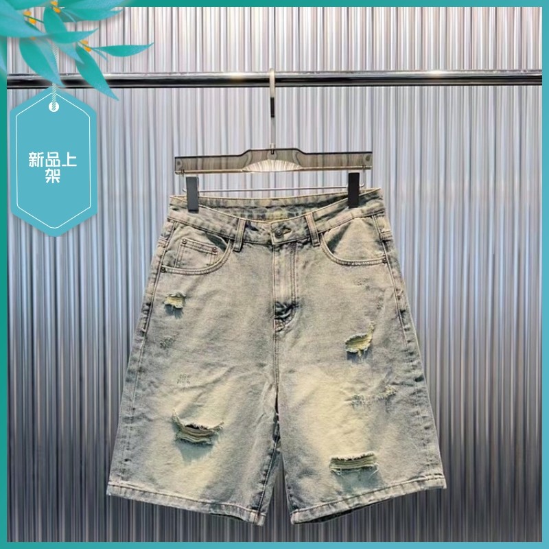 T24夏季新款男士温州欧版修身潮刺绣破洞浅蓝色弹力五分牛仔短裤