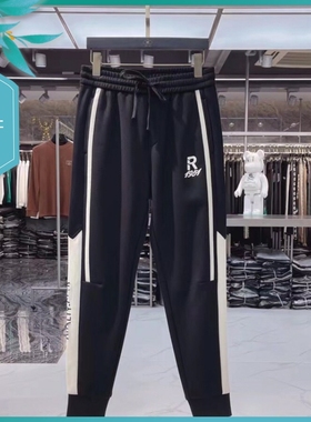 TT22秋冬新款男士温州欧版修身小束脚加绒刺绣印花黑色运动休闲裤