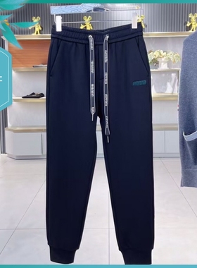 T24冬季新款男士温州欧版修身束脚刺绣保暖厚加绒黑色运动休闲裤