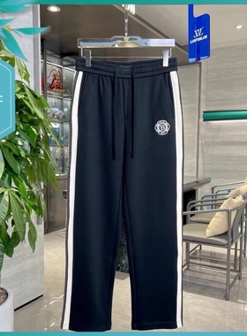 T24秋冬新款男士温州欧版宽松直筒刺绣印花条纹黑色长运动休闲裤