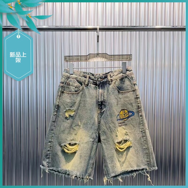 T24夏季新款男士温州欧版修身潮刺绣破洞浅蓝色五分牛仔短裤弹力