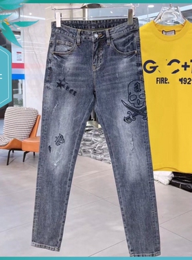 T24夏季新款男士温州欧版修身小脚潮流刺绣印花弹力蓝色长牛仔裤